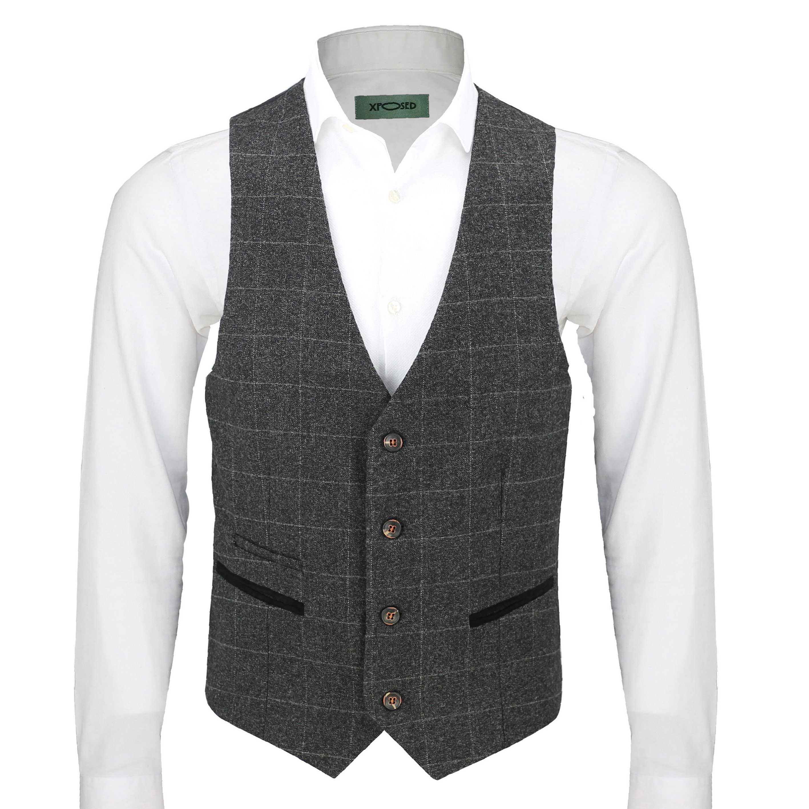 MENS VINTAGE TWEED Check Waistcoat Smart Casual Vest Charcoal Grey ...